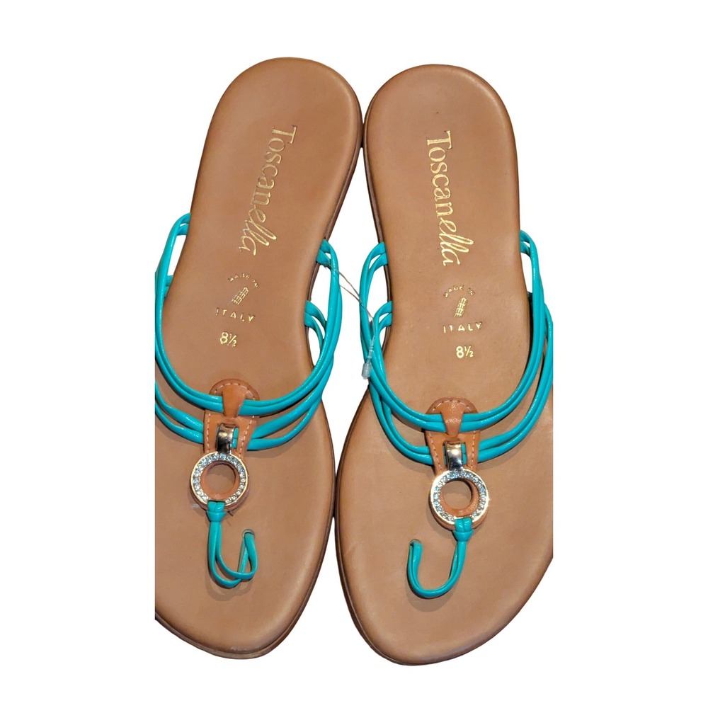 Italian Rhinestone Thong Sandals Turquoise Blue Flat Beach‎ Resort Size 8.5